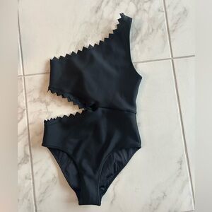 Onia Black One-Shoulder Cutout Swimsuit with Zigzag Trim